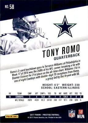 Tony Romo Dallas Cowboys NFL football card 2017 Prestige #58 in NM-MT condition