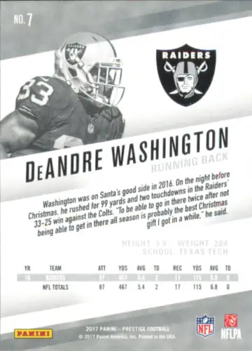 DeAndre Washington Oakland Raiders football card from 2017 Prestige NM-MT condition