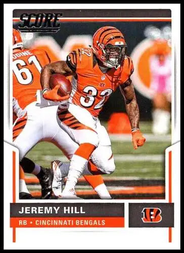 Football trading card of Jeremy Hill in orange Bengals uniform with original gloss