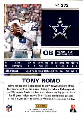 Tony Romo Dallas Cowboys 2017 Score #272 NFL Football Card NM-MT for collectors