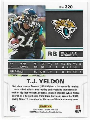 2017 Score Red #320 T.J. Yeldon football card featuring original gloss and NM-MT condition