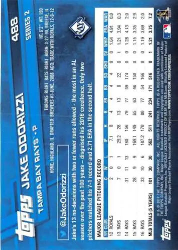 Baseball card back of 2017 Topps #488 Jake Odorizzi with original gloss finish