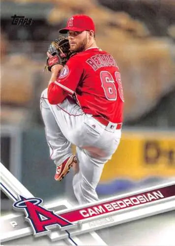 Baseball player Cam Bedrosian in red Angels uniform delivering a pitch in original gloss