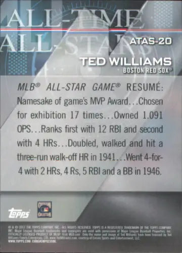 Baseball card of Ted Williams featuring Boston Red Sox All-Star Game achievements