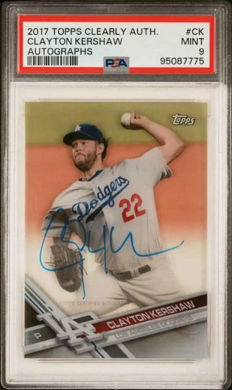 PSA 9 MINT Clayton Kershaw autographed 2017 Topps Clearly Authentic baseball card