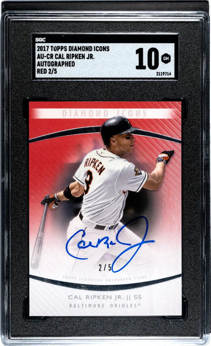 Graded Cal Ripken Jr. autograph baseball card on a red background from Topps Diamond Icons