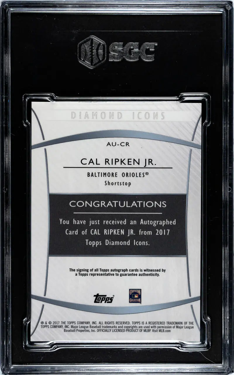 Back of Cal Ripken Jr. card in protective case with authentication, showcasing baseball history