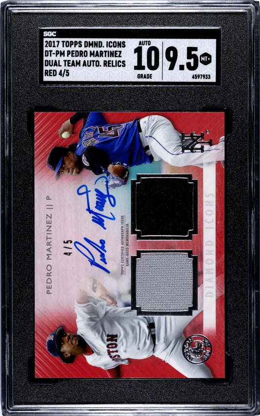 Graded 2017 Topps Diamond Icons Dual Team Red Pedro Martinez card with jersey patches and auto