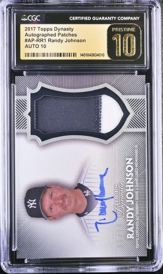 Graded baseball card of Randy Johnson with autograph and patch for New York Yankees