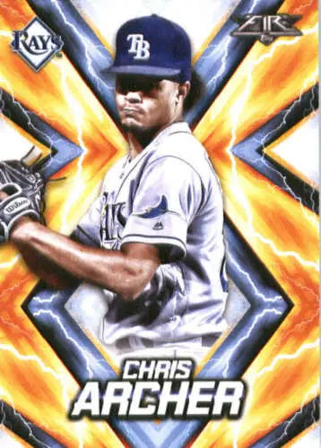 Baseball card of Chris Archer in batting stance with orange geometric background, original gloss