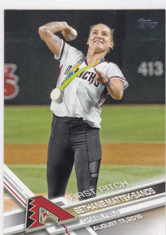 Female athlete throwing first pitch for Arizona Diamondbacks baseball cards trading cards