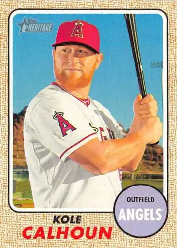 Baseball card of Kole Calhoun in a white Angels uniform from 2017 Topps Heritage