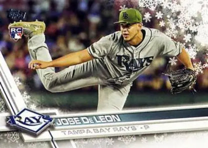 Baseball card of HMW199 Jose De Leon in mid-delivery wearing gray Topps Holiday uniform