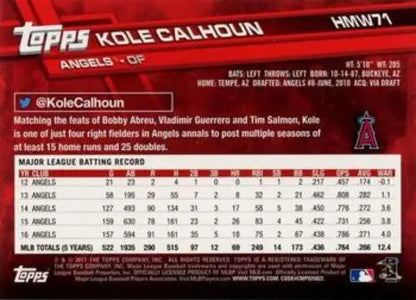 Baseball card back of 2017 Topps Holiday HMW71 Kole Calhoun with original gloss finish