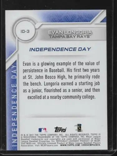 Baseball card back of 2017 Topps Independence Day Evan Longoria with original gloss