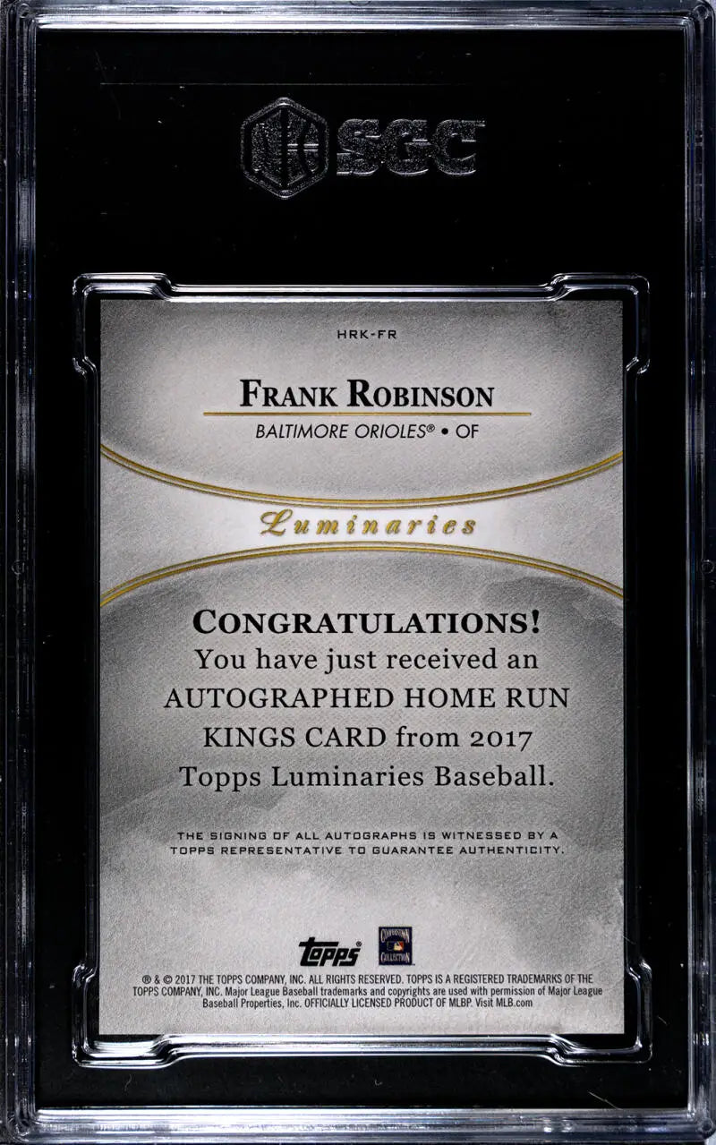 Back side of Frank Robinson autographed Topps Luminaries Home Run Kings card with certification