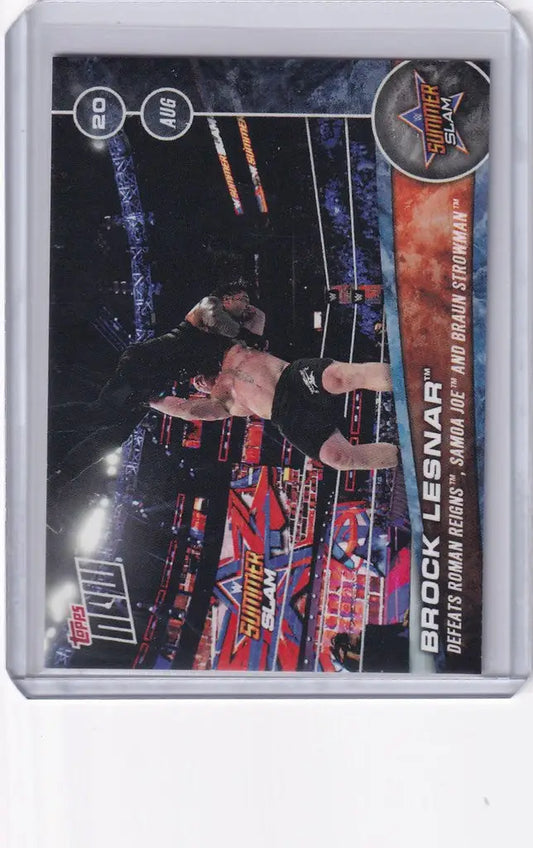 Trading card of Brock Lesnar defeating Roman Reigns, Samoa Joe, and Braun Strowman