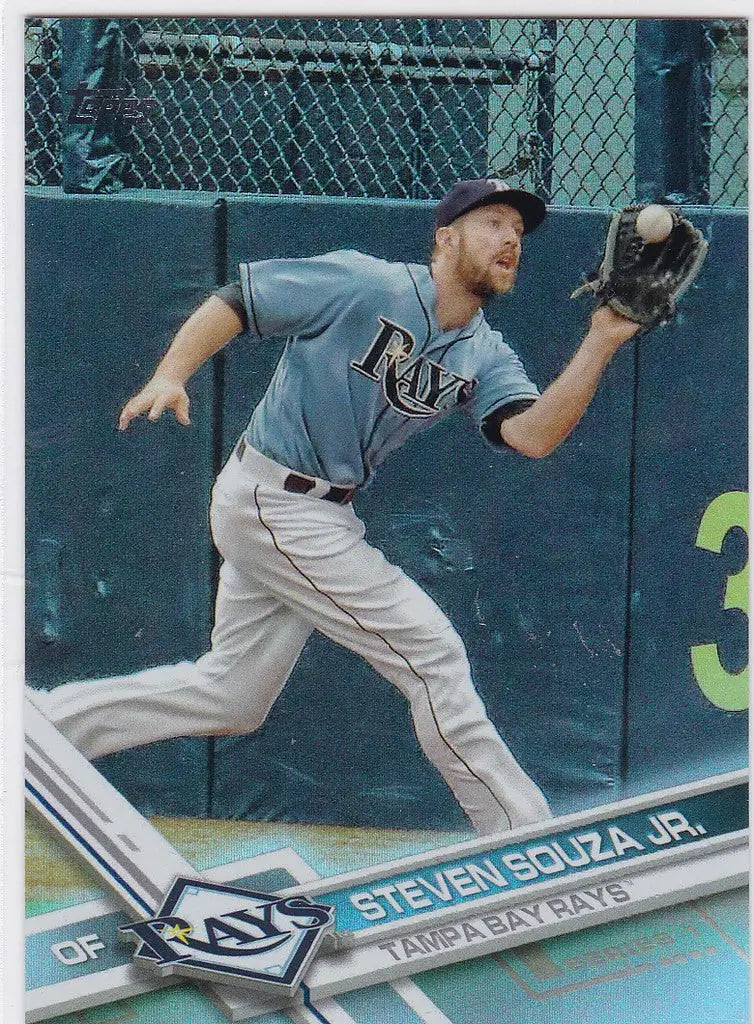 Baseball player in Tampa Bay Rays uniform catching ball in Topps Rainbow Foil