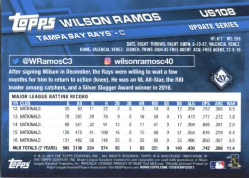 2017 Topps Update US108 Wilson Ramos baseball card with original gloss in NM-MT condition