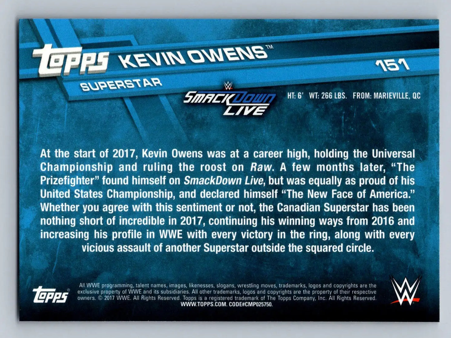 Kevin Owens wrestling card from 2017 Topps WWE #151 showcasing his iconic style