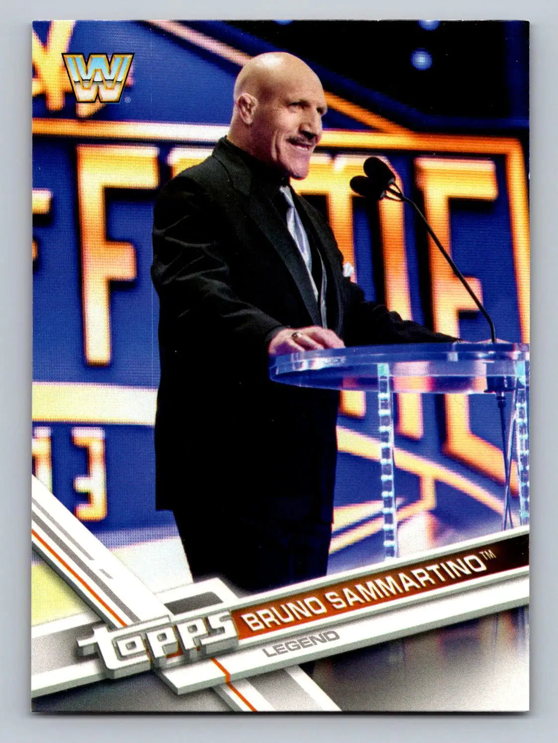 2017 Topps WWE #185 Bruno Sammartino trading card featuring wrestling legend Bruno Sammartino