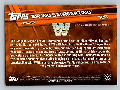 Wrestling trading card back of 2017 Topps WWE #185 Bruno Sammartino for collectors