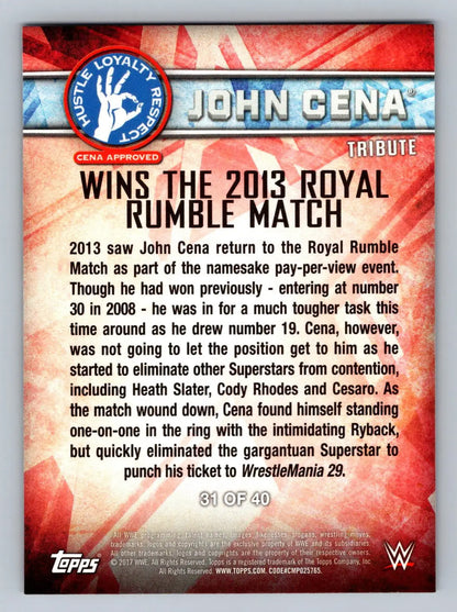 John Cena Tribute Card from 2017 Topps WWE commemorating his Royal Rumble win