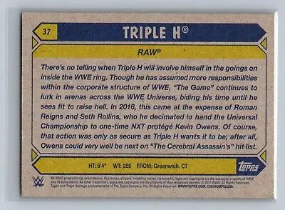 Back of 2017 Topps WWE Heritage #37 Triple H trading card for collectors and fans