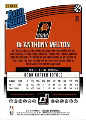 Back of 2018-19 Donruss #181 DeAnthony Melton Rookie Phoenix Suns Basketball Card