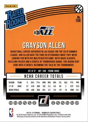 Grayson Allen Rookie Utah Jazz Basketball Card 2018-19 Donruss #156 NM-MT Condition