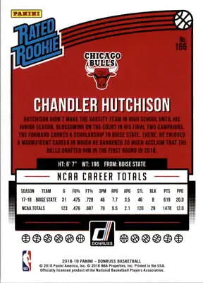 Basketball card back of 2018-19 Donruss Chandler Hutchison Rookie Chicago Bulls