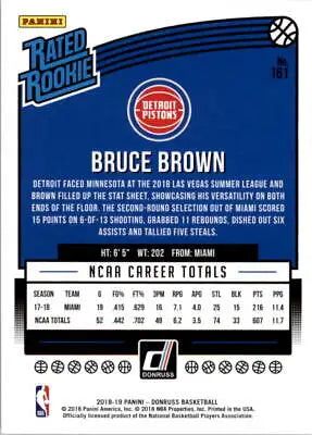 Bruce Brown Rookie Detroit Pistons Basketball Card 2018-19 Donruss #161 NM-MT