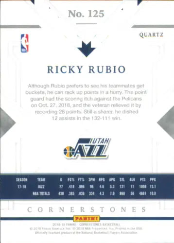 Ricky Rubio 2018-19 Panini Cornerstones Quartz #125 Utah Jazz NBA card /49 NM-MT