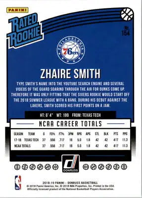 Zhaire Smith Rookie card from 2018-19 Donruss featuring the Philadelphia 76ers