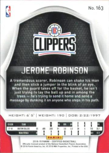 Basketball card back of 2018-19 Certified Jerome Robinson Los Angeles Clippers Rookie Card