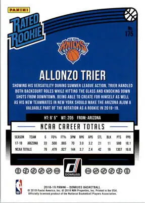 Allonzo Trier Rookie basketball card from 2018-19 Donruss, New York Knicks edition