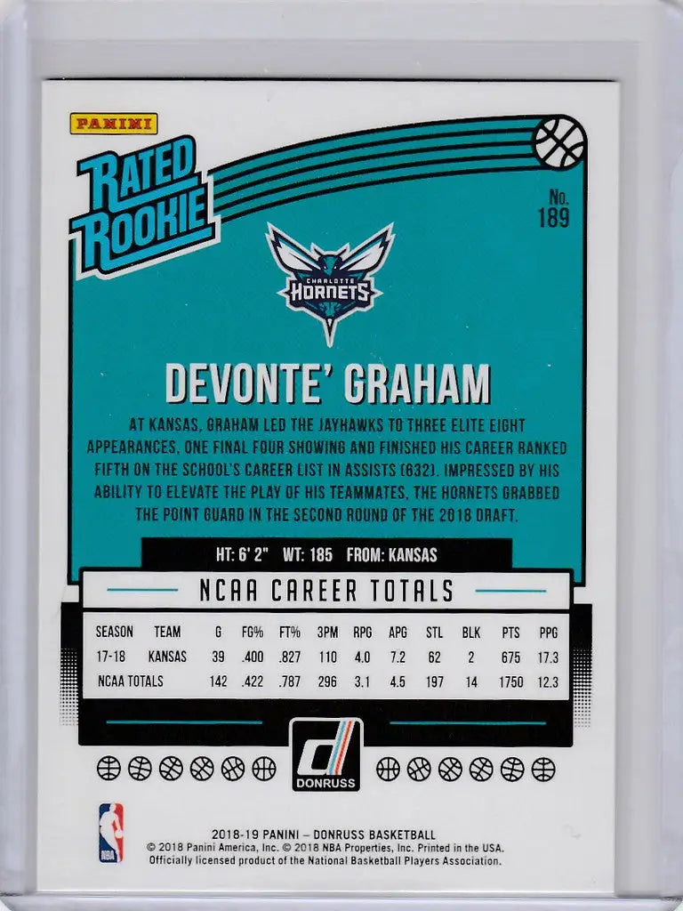 Devonte Graham Charlotte Hornets rookie trading card 2018-19 Donruss #189