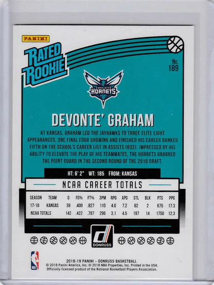 Devonte Graham Charlotte Hornets rookie trading card 2018-19 Donruss #189