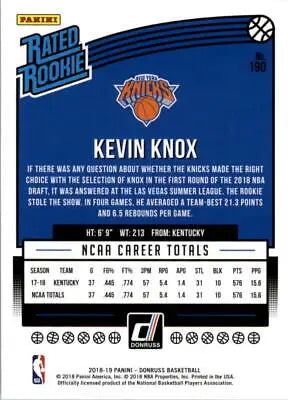 Kevin Knox rookie card from 2018-19 Donruss featuring New York Knicks player