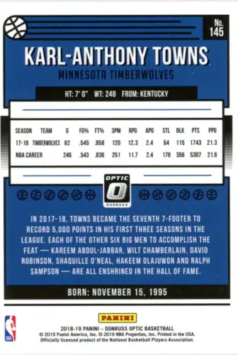 2018-19 Donruss Optic #145 Karl-Anthony Towns Minnesota Timberwolves basketball card