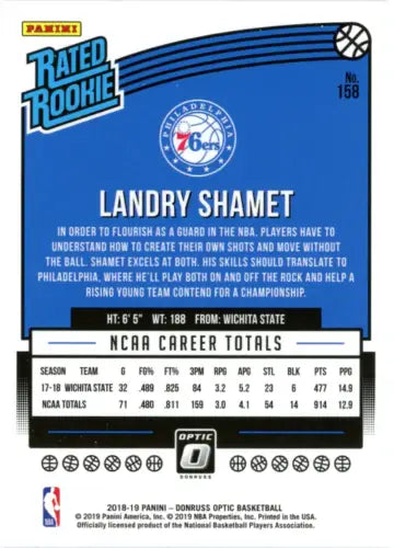 2018-19 Donruss Optic #158 Landry Shamet Rookie Philadelphia 76ers NBA Card