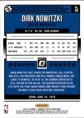 Dirk Nowitzki 2018-19 Donruss Optic NBA Basketball Card for collectors