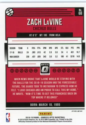 Zach LaVine 2018-19 Donruss Optic Blue Velocity basketball card Chicago Bulls NM-MT