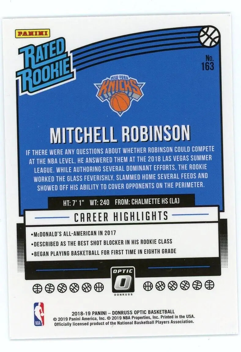 Mitchell Robinson Rookie card from 2018-19 Donruss Optic New York Knicks NBA collection