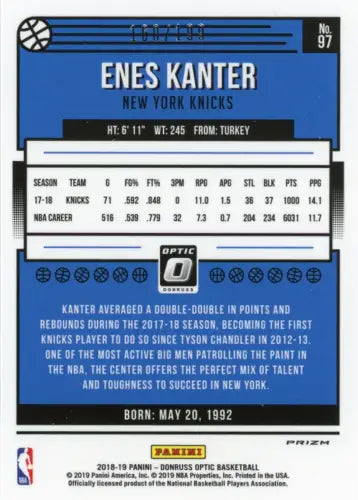 Enes Kanter 2018-19 Donruss Optic Orange #97 New York Knicks card NBA NM-MT