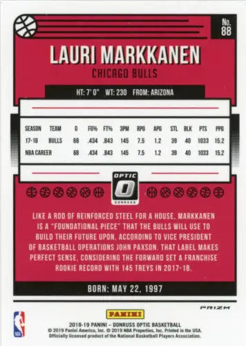 Basketball card back of 2018-19 Donruss Optic Purple Lauri Markkanen Chicago Bulls