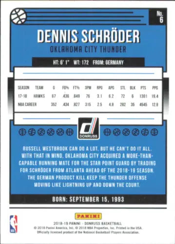 Dennis Schröder basketball card showcasing 2018-19 Donruss Press Proof Purple OKC Thunder