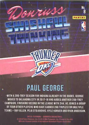 Back of 2018-19 Donruss Swishful Thinking #8 Paul George Oklahoma City Thunder card