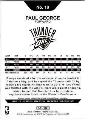 Paul George Oklahoma City Thunder basketball card from the 2018-19 Hoops collection