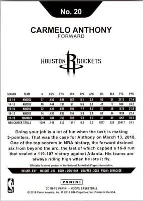 Carmelo Anthony Houston Rockets NBA basketball card 2018-19 Hoops #20 NM-MT